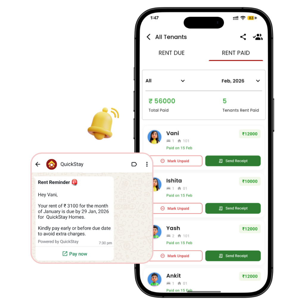 Automated Rent Reminders & Collection - PG Management Software Feature